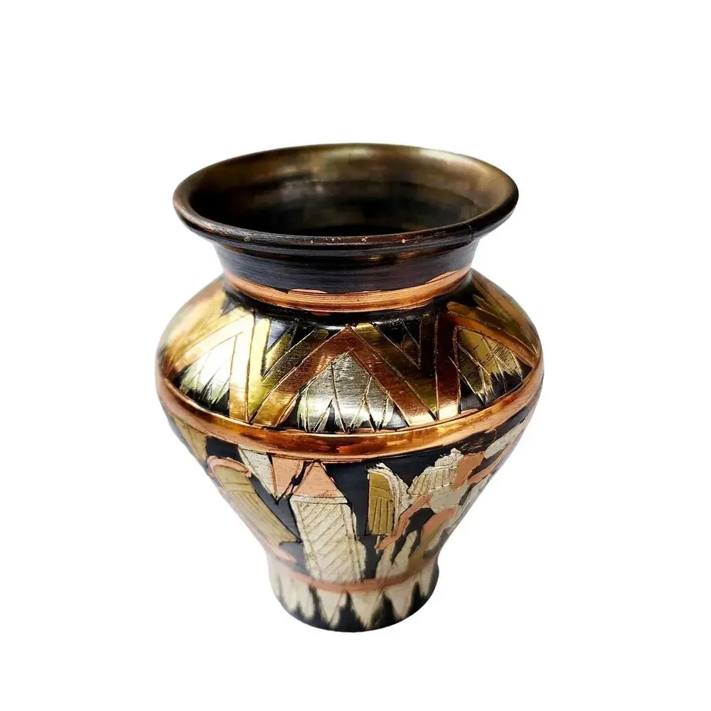 Vintage Egyptian Revival Engraved Brass Copper Bud Vase | Global Boho Decor